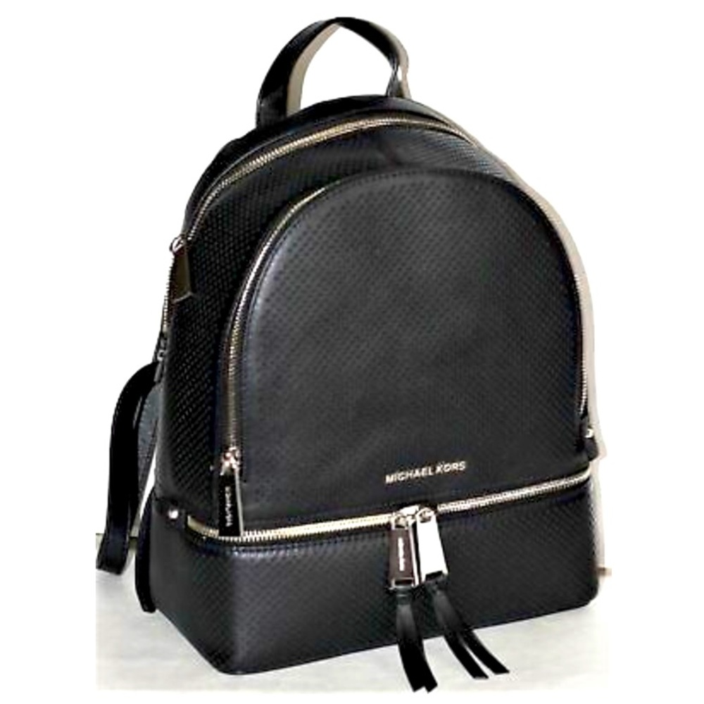 MICHAEL KORS RHEA ZIP MEDIUM BACKPACK BLACK PERFORATED LEATHER TRAVEL BAG